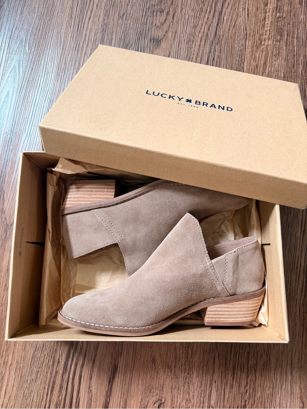 Lucky Brand Taupe Suede Slip-On Mule Booties